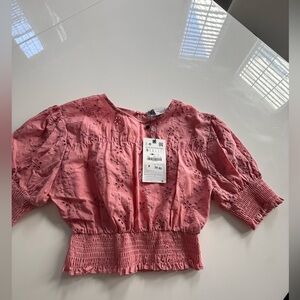 NWT Zara Rose Pink Eyelet Puff-Sleeve Smocked Blouse